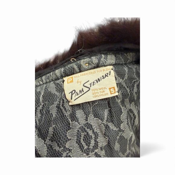 Vintage 1950s PAM STEWART Fur Collar Cardigan Sweater Wool Black Lace Mesh Lined - Picture 6 of 8